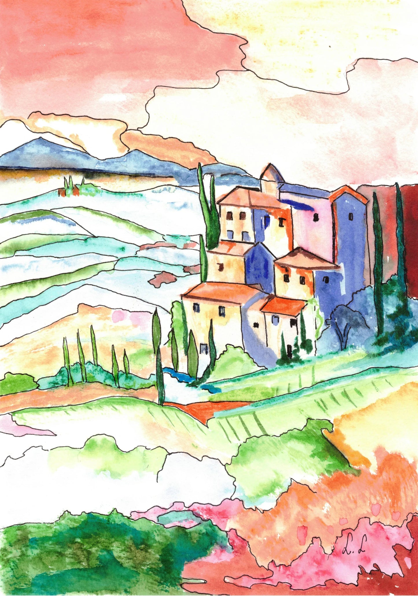 Aquarelle œuvre Originale Numérique en Toscane - Laure Leprince - Artiste Peintre