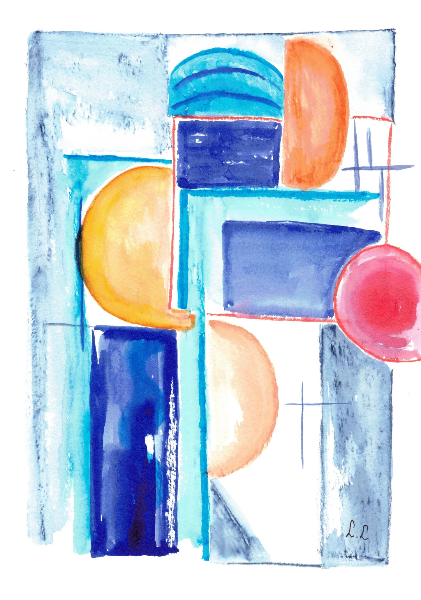 Architecture solaire – aquarelle abstraite Bleus et Jaunes| Laure Leprince - Laure Leprince - Artiste Peintre