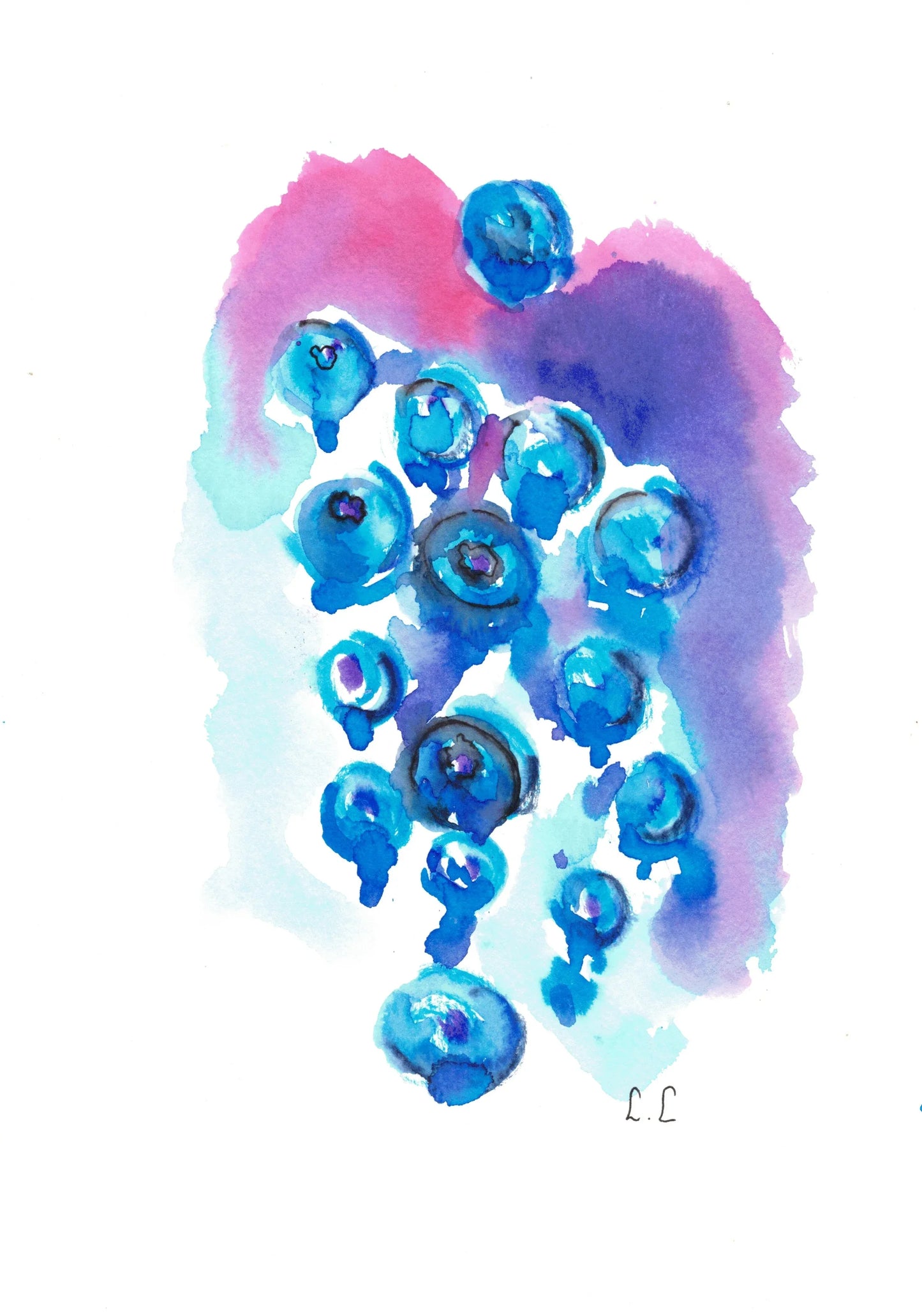 Grappe boréale – aquarelle abstraite bleu & rose | Laure Leprince - Laure Leprince - Artiste Peintre