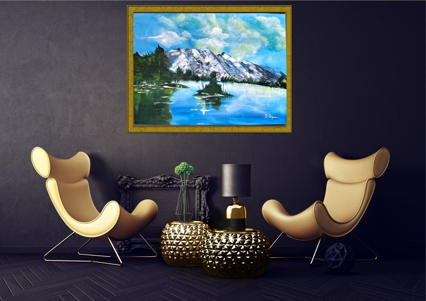 Peinture au Couteau œuvre Originale Numérique L'île du Lac