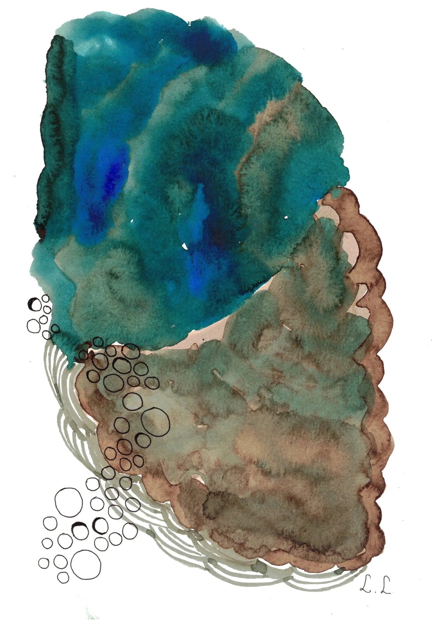 Récif turquoise – aquarelle abstraite Verts et marrons | Laure Leprince - Laure Leprince - Artiste Peintre