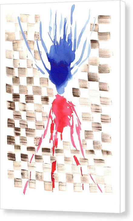 Damier Checkerboard Abstract Floral Composition Blue Red Watercolor - Canvas Print