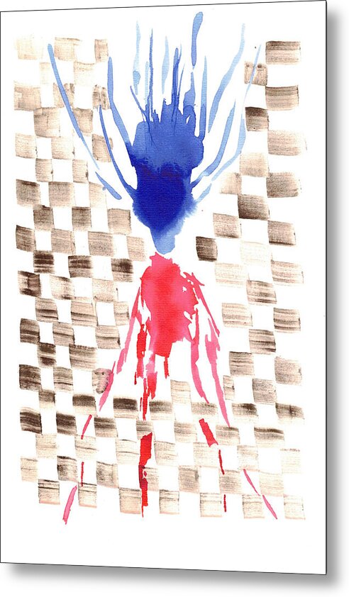 Damier Checkerboard Abstract Floral Composition Blue Red Watercolor - Metal Print