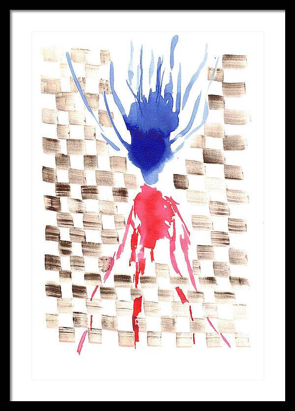 Damier Checkerboard Abstract Floral Composition Blue Red Watercolor - Framed Print