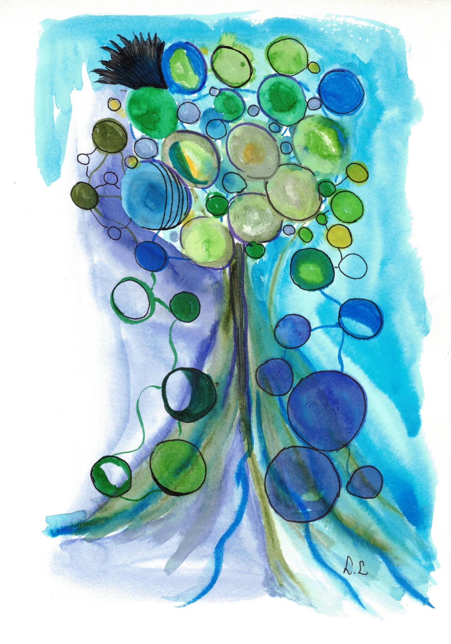 Ecosphères – aquarelle abstraite Bleus et verts| Laure Leprince - Laure Leprince - Artiste Peintre