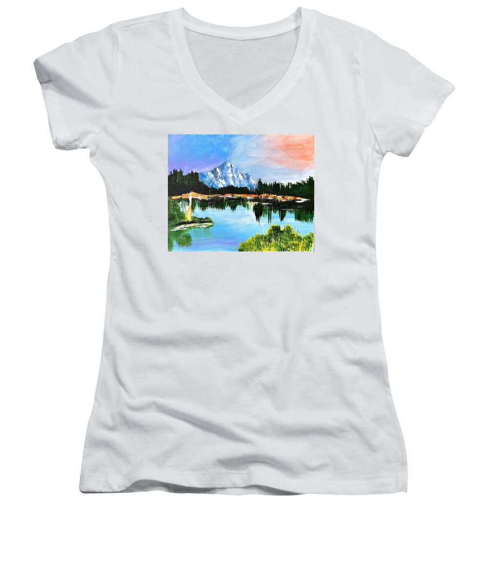 Mountain Lake at Sunset - Women's V-Neck