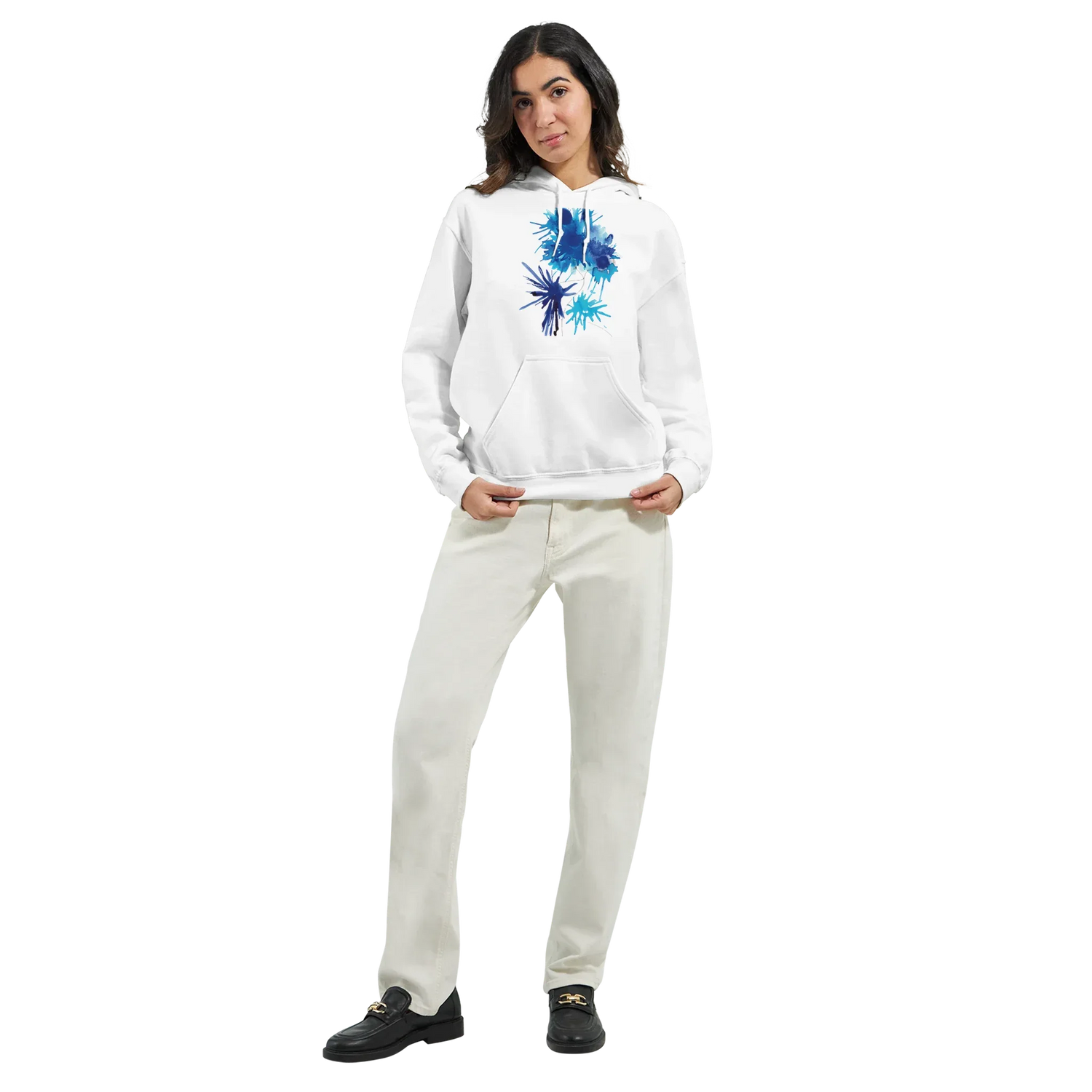 Sweat à capuche unisexe artistique Bleuets| Gildan® 18500 White - Laure Leprince - Artiste Peintre