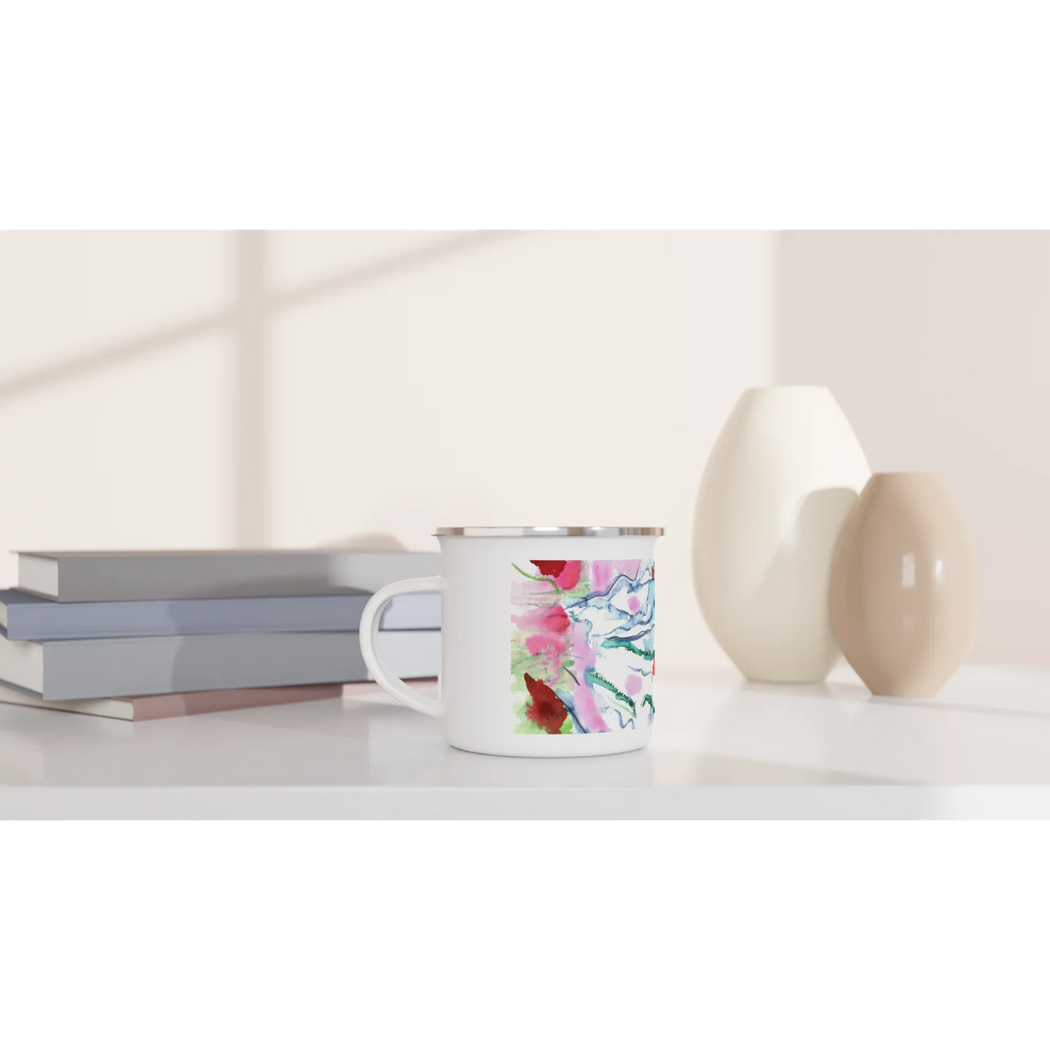 Mug en émail blanc 35 cl Floral – Léger, vintage et résistant - Laure Leprince - Artiste Peintre