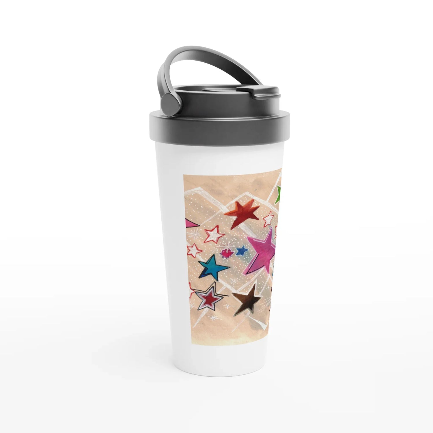 Mug de voyage blanc en acier inoxydable – 44 cl Etoiles | Élégant, pratique et isotherme - Laure Leprince - Artiste Peintre