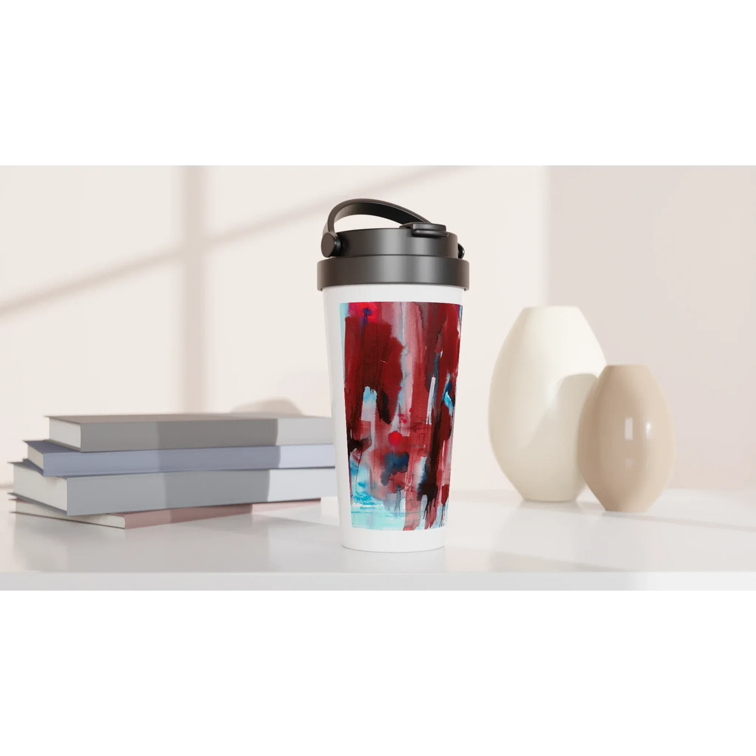 Mug de voyage isotherme 450 ml (15 oz) Crimson Tower - Étanche, réutilisable et design artistique - Laure Leprince - Artiste Peintre