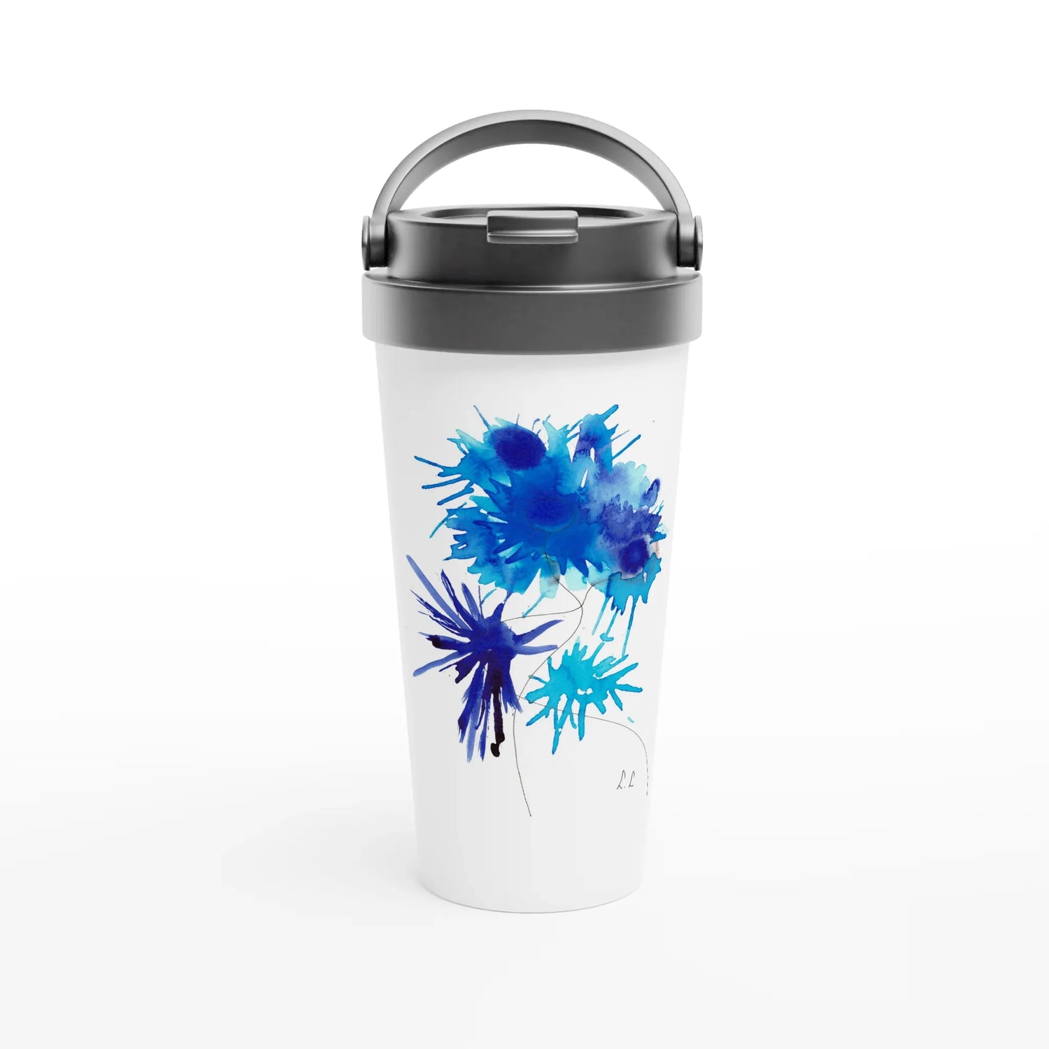 Mug de voyage blanc en acier inoxydable bleuets – 44 cl | Élégant, pratique et isotherme - Laure Leprince - Artiste Peintre