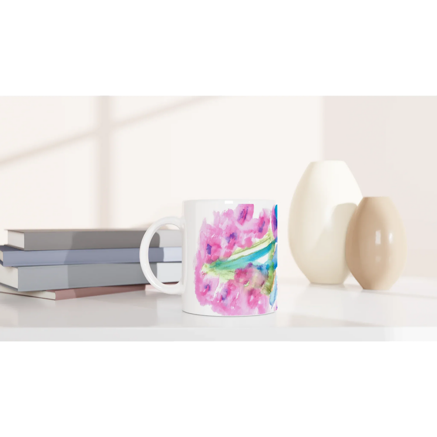 Mug en céramique blanche 325 ml Bouquets Rosé – Élégance, sécurité et durabilité - Laure Leprince - Artiste Peintre