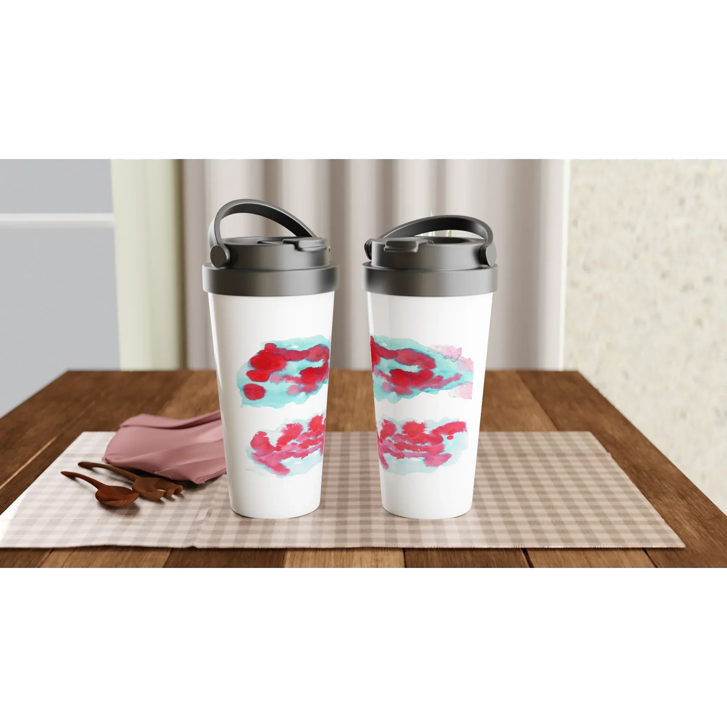 Mug de voyage blanc en acier inoxydable – 44 cl Brumes Carmin Élégant, pratique et isotherme - Laure Leprince - Artiste Peintre