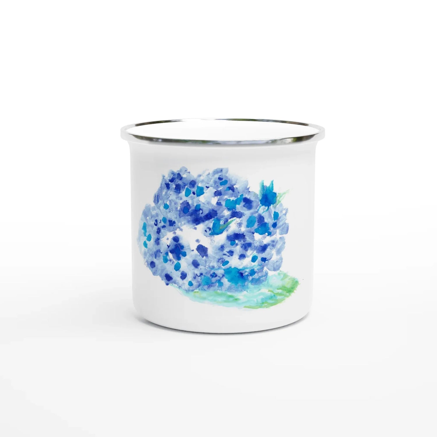Mug en émail blanc 35 cl Hortensia Celeste – Léger, vintage et résistant - Laure Leprince - Artiste Peintre