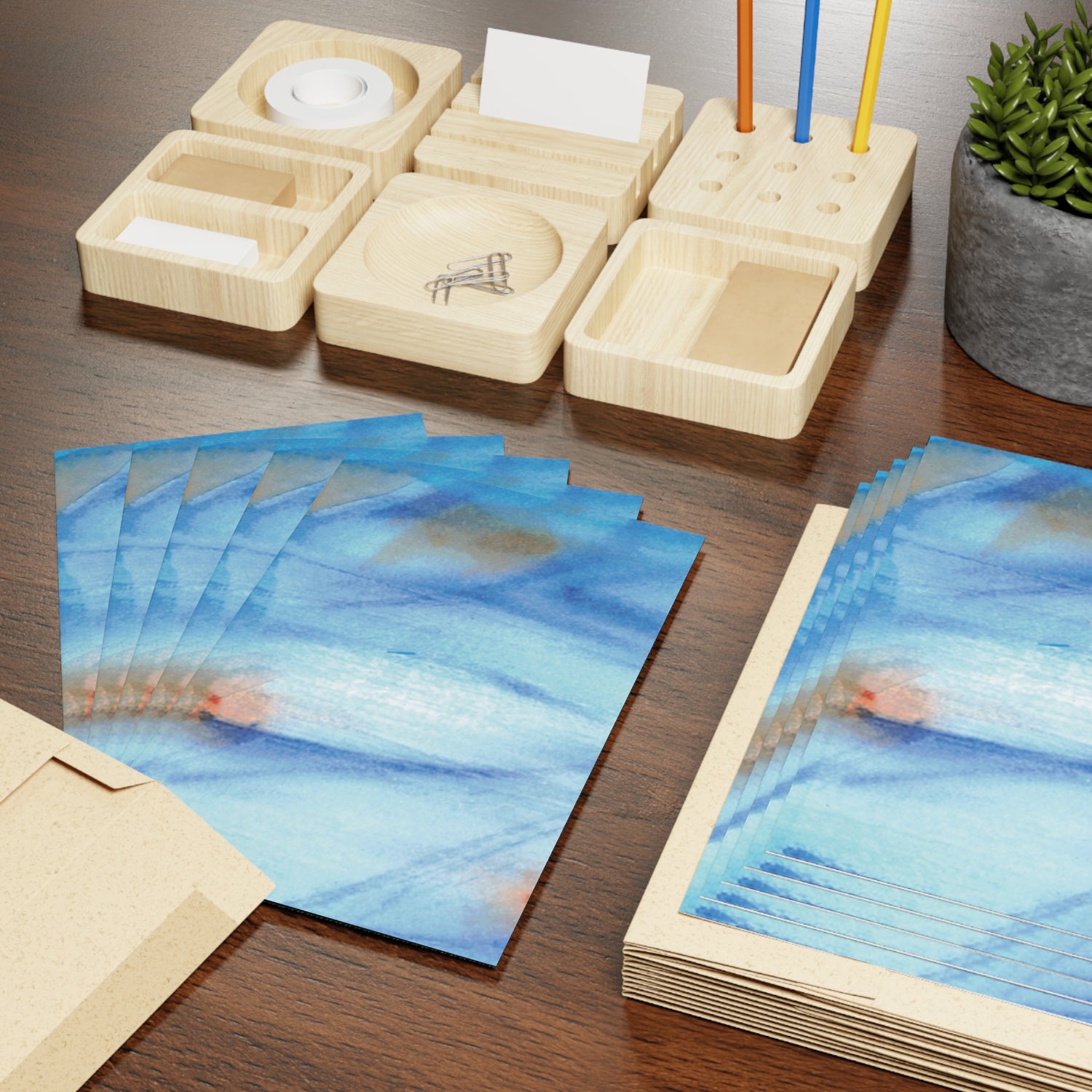 Blue Sprouts Watercolor Leaf Greeting Card - Elegant