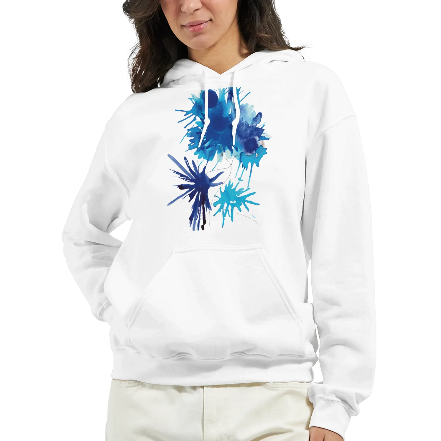 Sweat à capuche unisexe artistique Bleuets| Gildan® 18500 White - Laure Leprince - Artiste Peintre