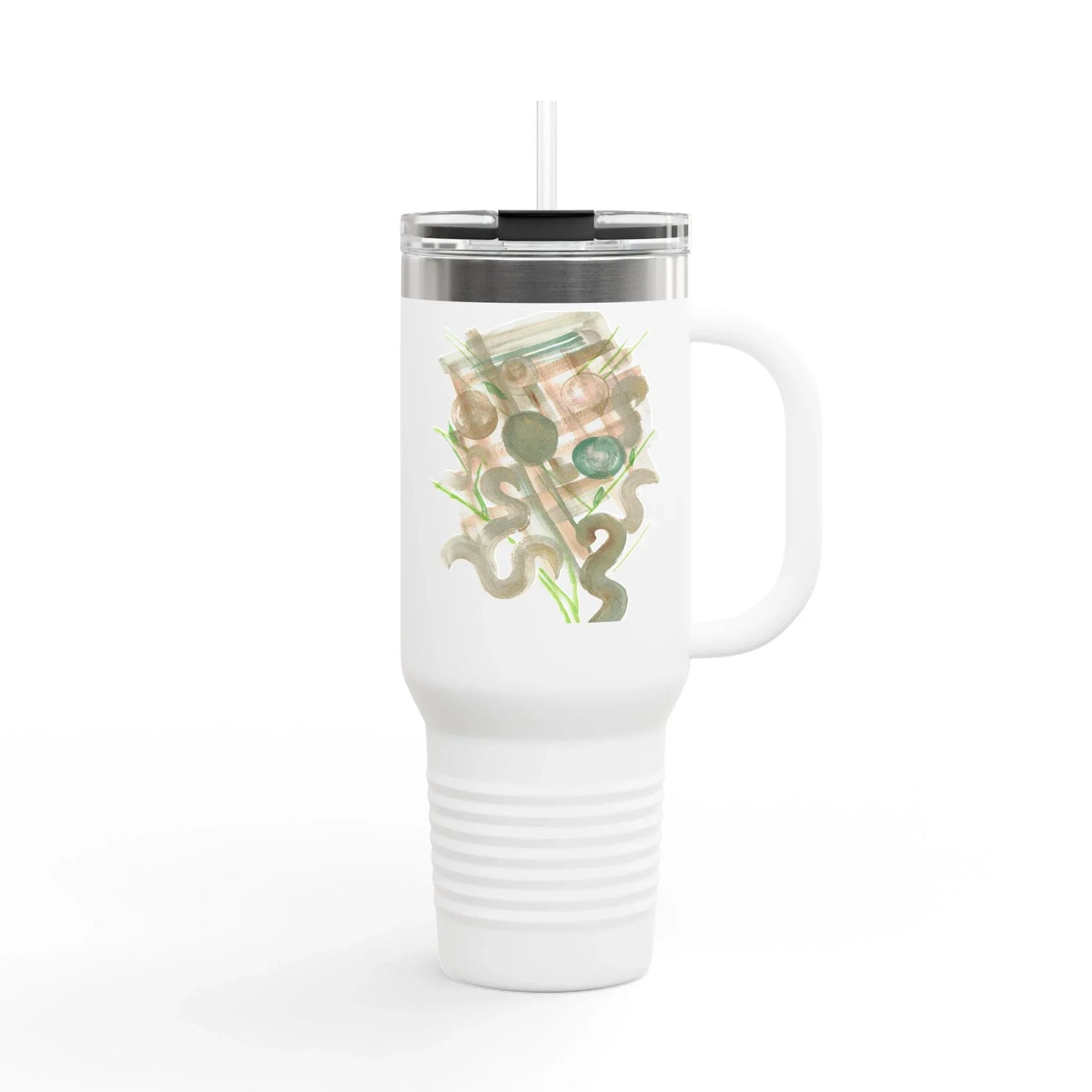 40oz Insulated Travel Mug – Moss Geometry Watercolor Design - Laure Leprince - Artiste Peintre
