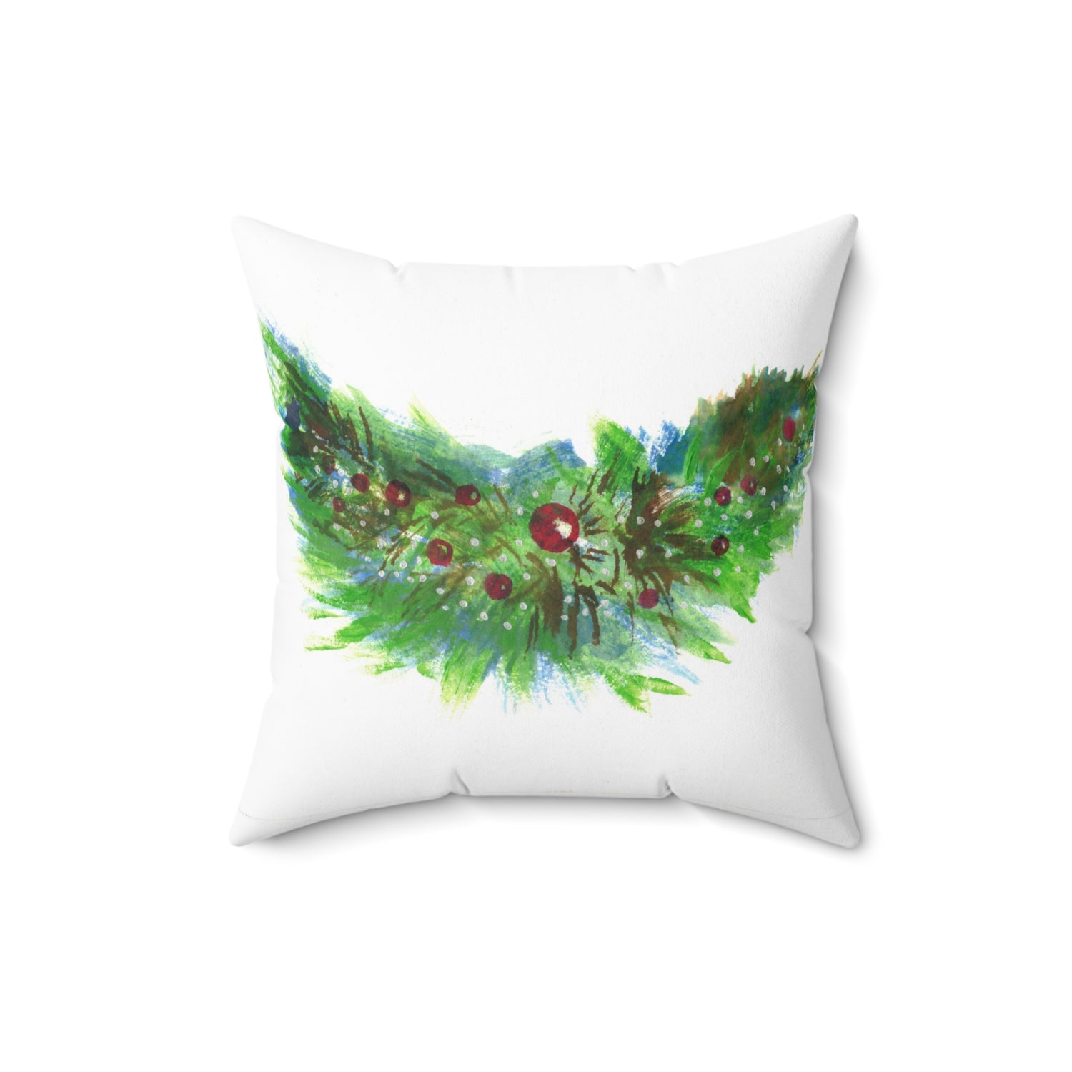 Square Throw Pillow Christmas Garland — Minimal Green  Brushstroke Accent