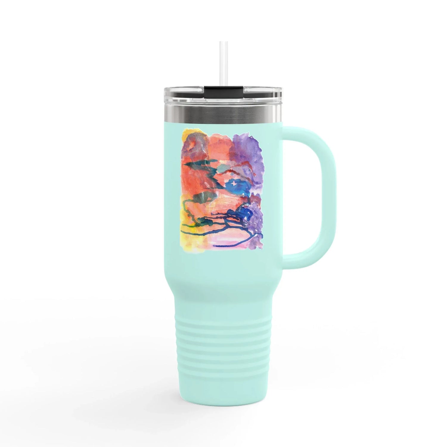 40oz Insulated Travel Mug – Neon mirage Watercolor Design - Laure Leprince - Artiste Peintre