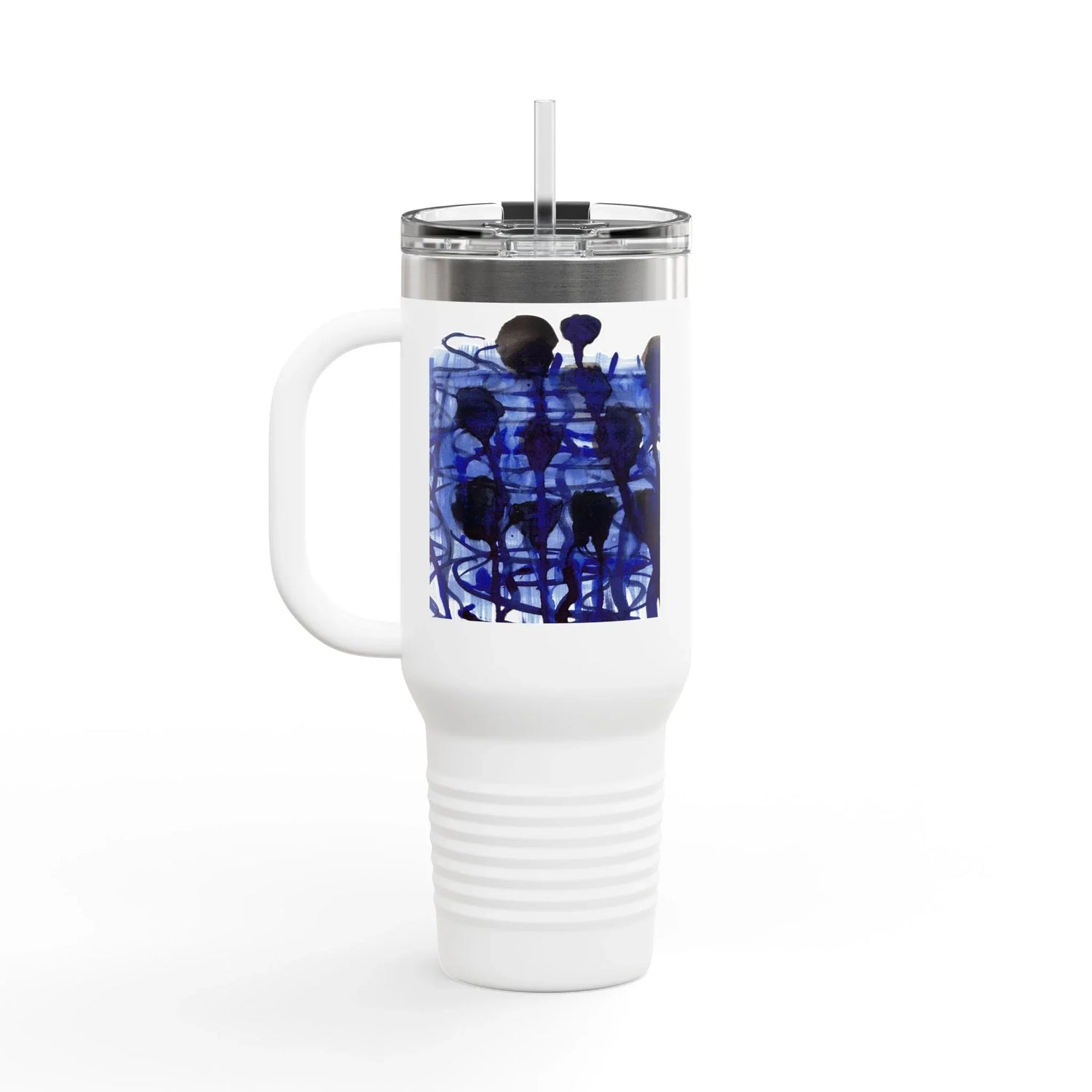 40oz Insulated Travel Mug – Silence Indigo Watercolor Design - Laure Leprince - Artiste Peintre