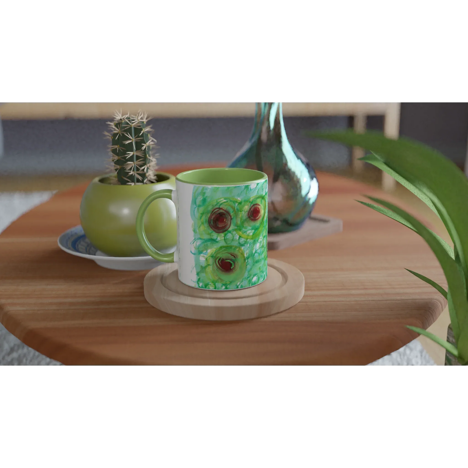 Mug 11oz - 325 ml - Ceramic Mug with Color Inside Green Echo - Laure Leprince - Artiste Peintre