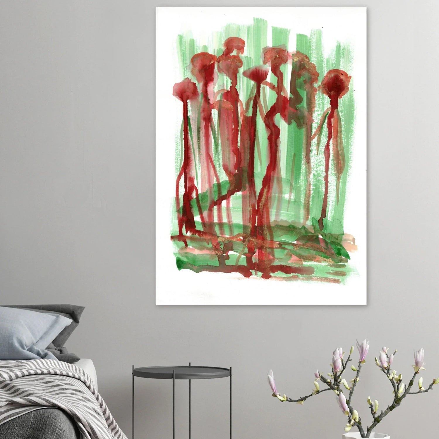 Abstract Floral Garden Premium Matte Poster - Vibrant Red & Green Watercolor Art (RDJ3-1) - Laure Leprince - Artiste Peintre