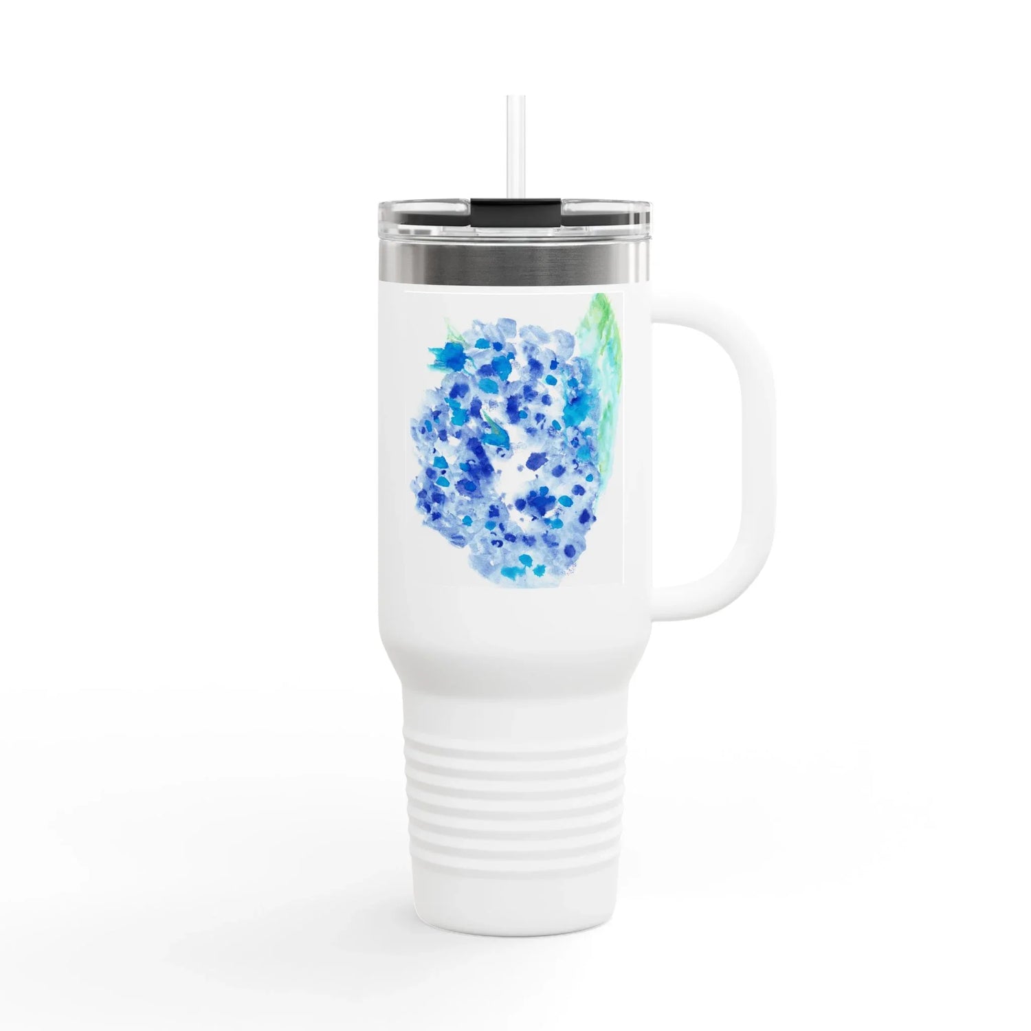 40oz Insulated Travel Mug –Hortensia Celeste Watercolor Design - Laure Leprince - Artiste Peintre