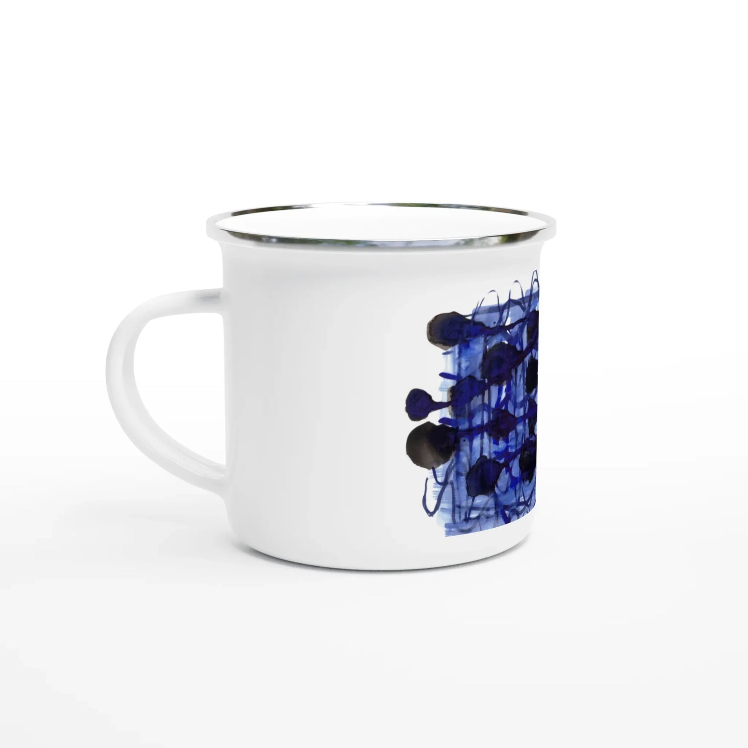 Mug en émail blanc 35 cl Silence Indigo – Léger, vintage et résistant - Laure Leprince - Artiste Peintre