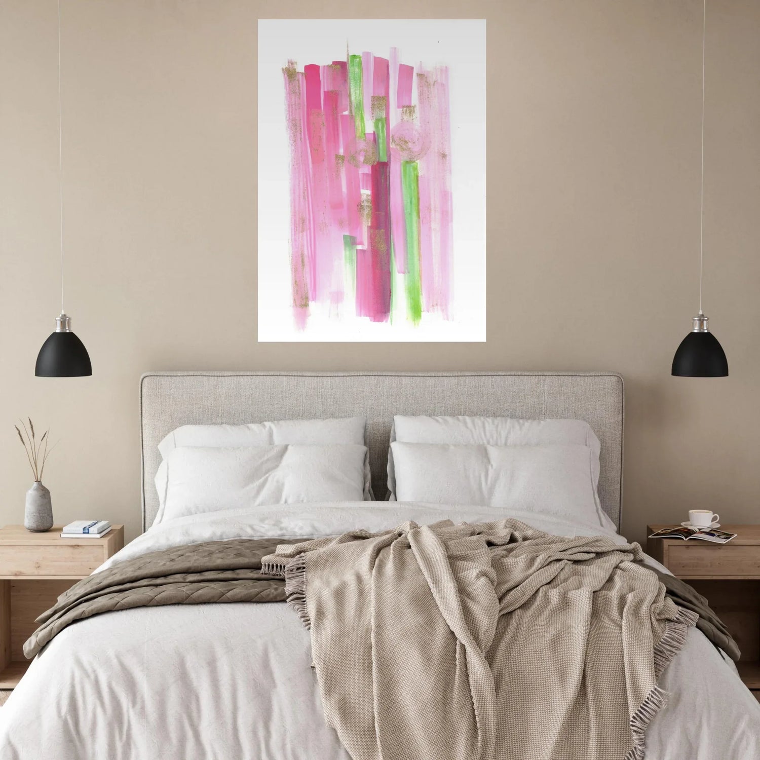 Abstract Pink & Green Watercolor Poster with Gold Flecks – Premium Matte Paper Print - Laure Leprince - Artiste Peintre