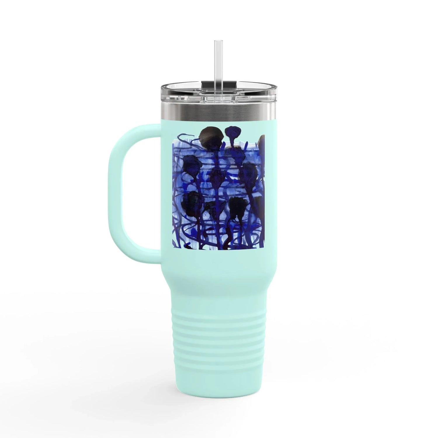 40oz Insulated Travel Mug – Silence Indigo Watercolor Design - Laure Leprince - Artiste Peintre
