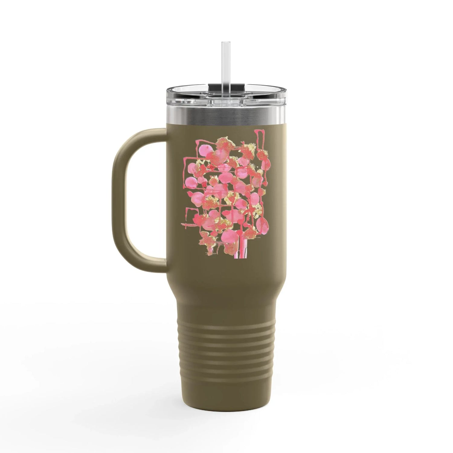 40oz Insulated Travel Mug – Reseau Framboise Watercolor Design - Laure Leprince - Artiste Peintre