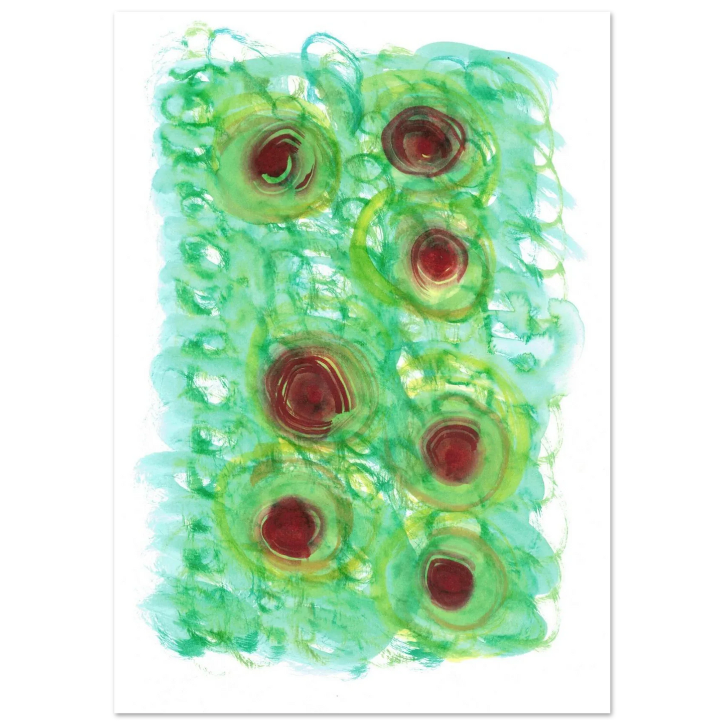 Abstract Floral Bloom Watercolor Poster - Vibrant Green & Red Art Print RDJ3-1 - Laure Leprince - Artiste Peintre