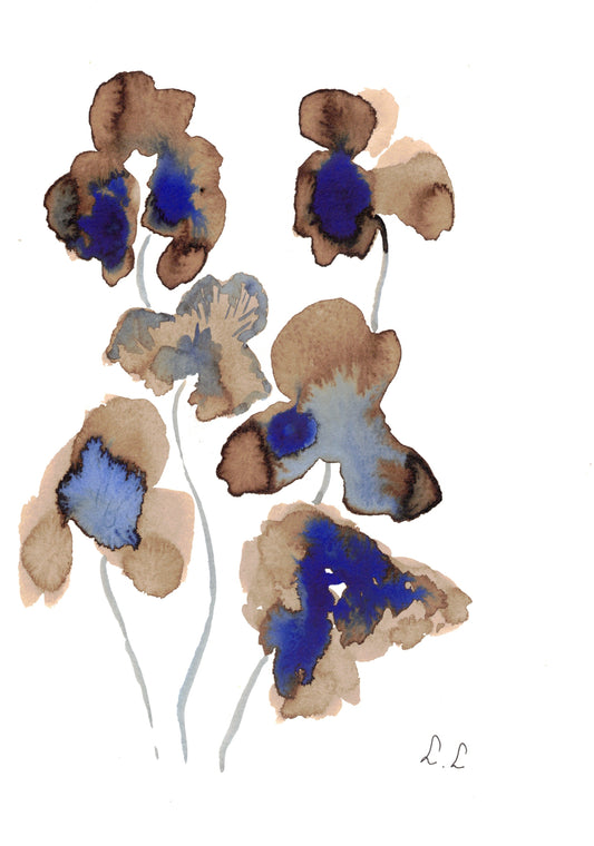 Iris sépia – aquarelle abstraite bleu & brun | Laure Leprince