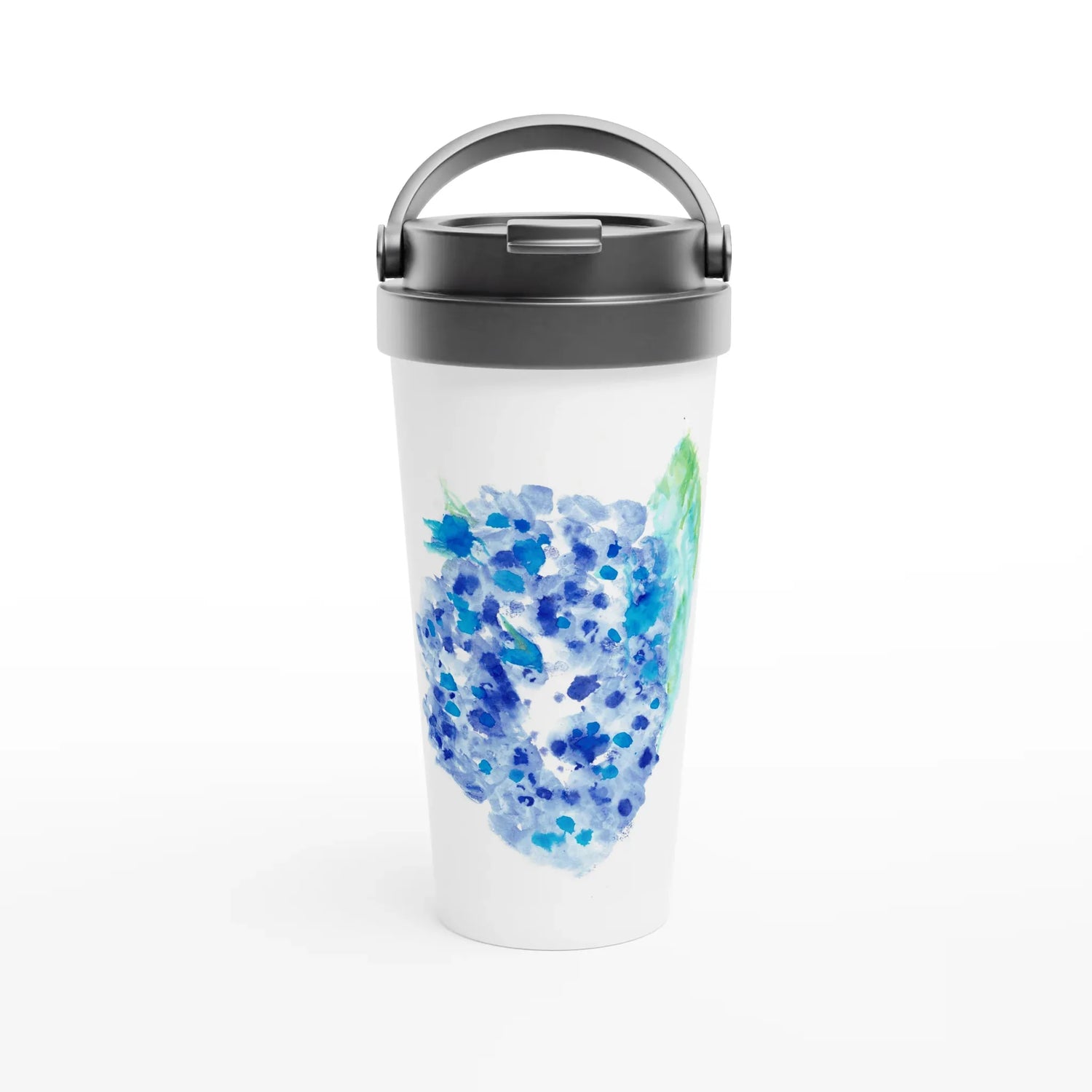 Mug de voyage blanc en acier inoxydable – 44 cl Hortensia Celeste Élégant, pratique et isotherme - Laure Leprince - Artiste Peintre