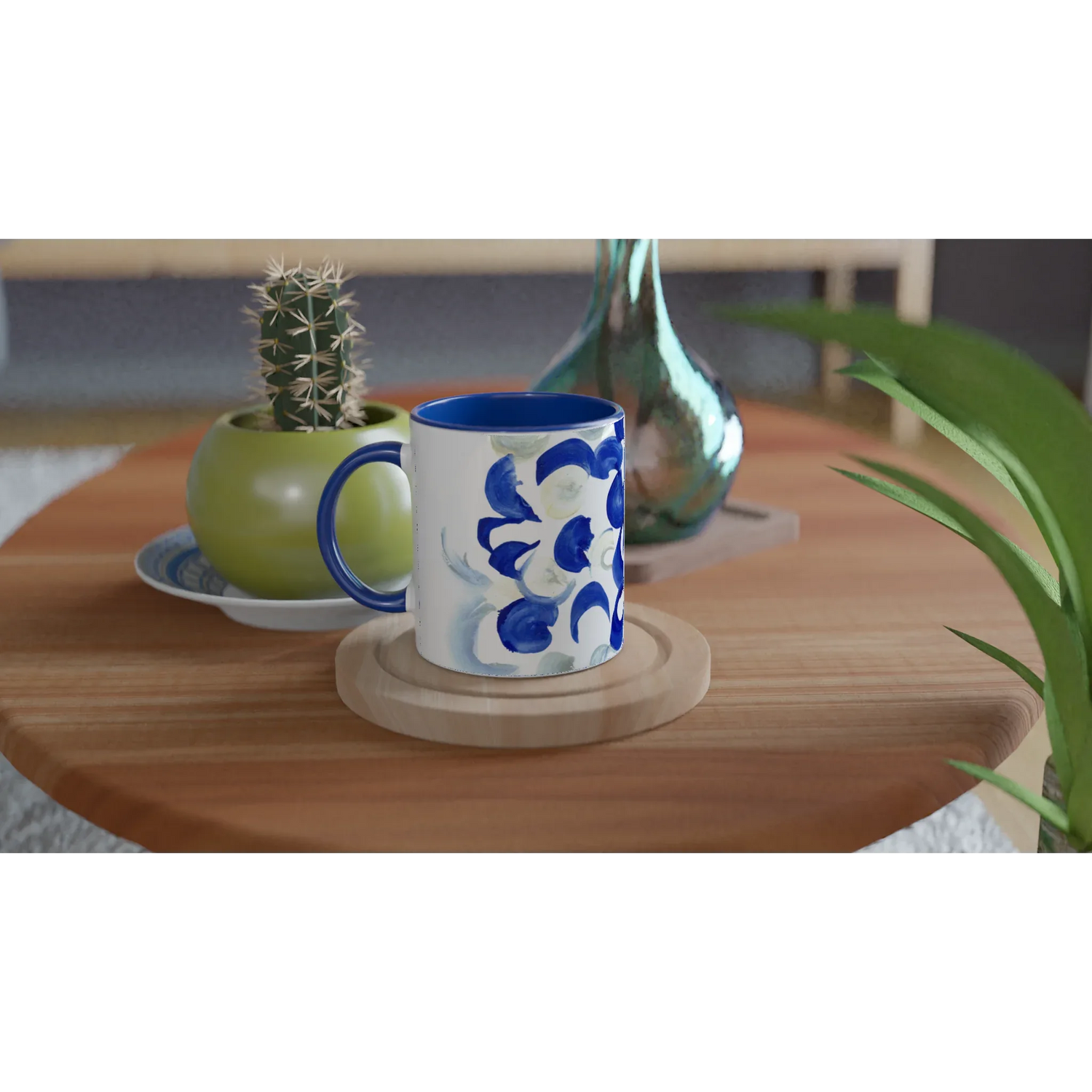 Mug 11oz - 325 ml - Ceramic Mug with Color Inside Blue swirls - Laure Leprince - Artiste Peintre