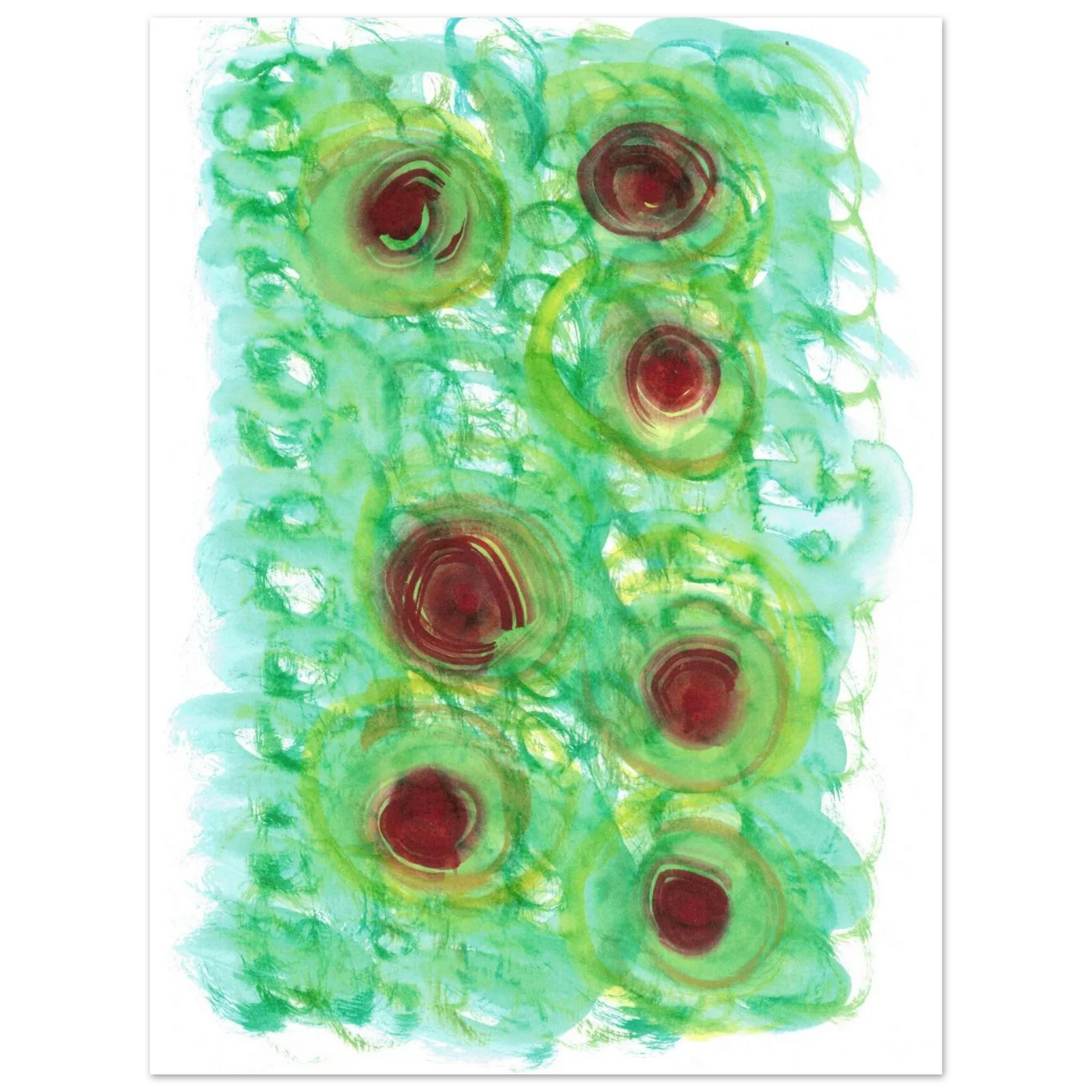 Abstract Floral Bloom Watercolor Poster - Vibrant Green & Red Art Print RDJ3-1 - Laure Leprince - Artiste Peintre