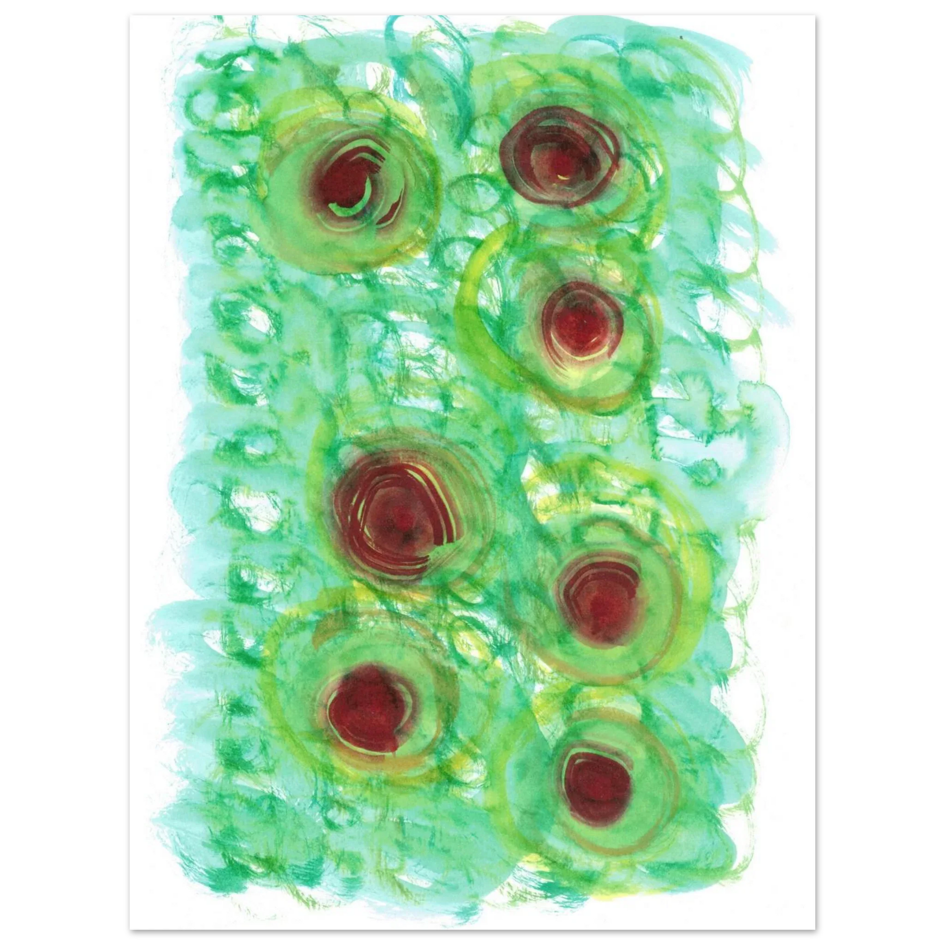 Abstract Floral Bloom Watercolor Poster - Vibrant Green & Red Art Print RDJ3-1 - Laure Leprince - Artiste Peintre