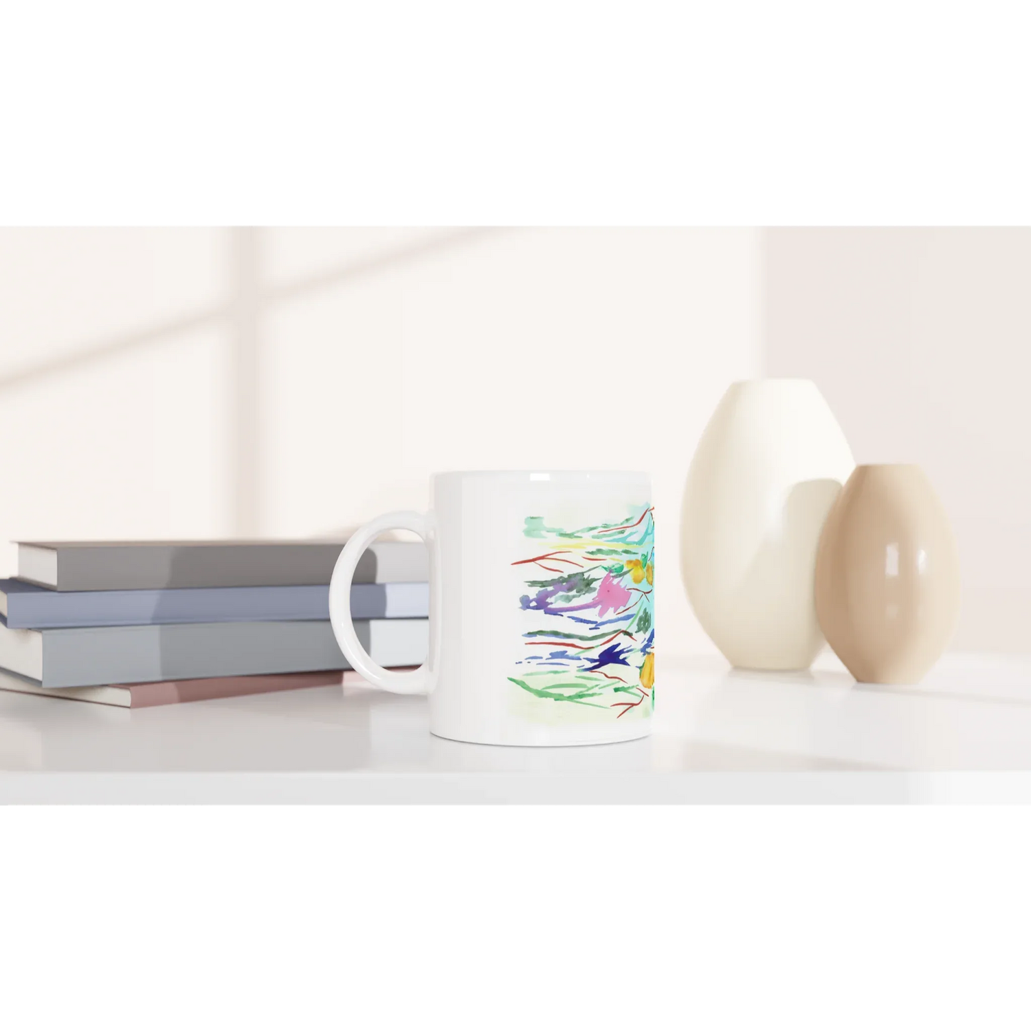 Mug en céramique blanche 325 ml Jardin Lumineux – Élégance, sécurité et durabilité - Laure Leprince - Artiste Peintre