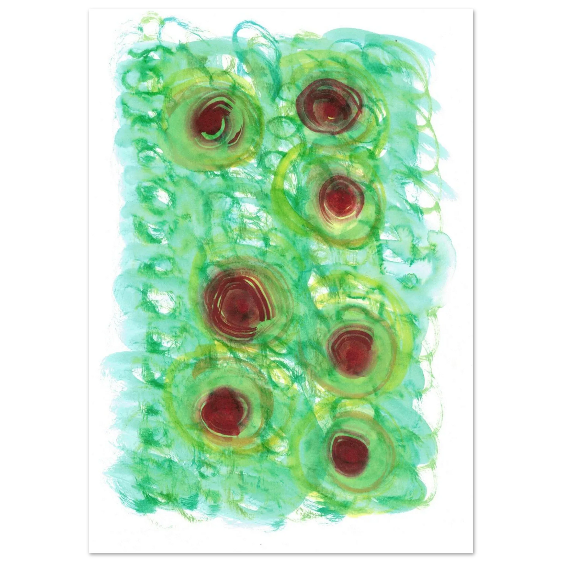 Abstract Floral Bloom Watercolor Poster - Vibrant Green & Red Art Print RDJ3-1 - Laure Leprince - Artiste Peintre