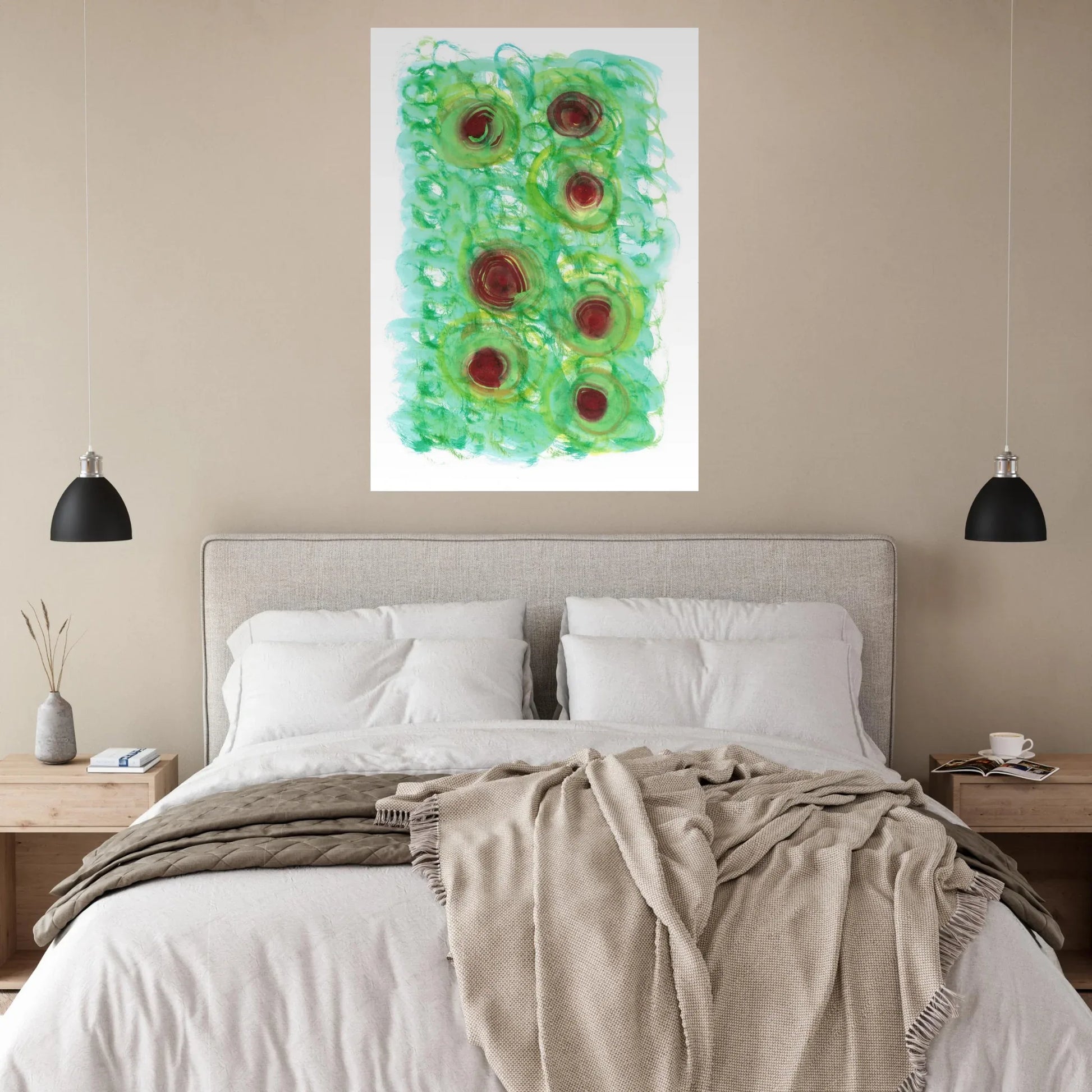 Abstract Floral Bloom Watercolor Poster - Vibrant Green & Red Art Print RDJ3-1 - Laure Leprince - Artiste Peintre