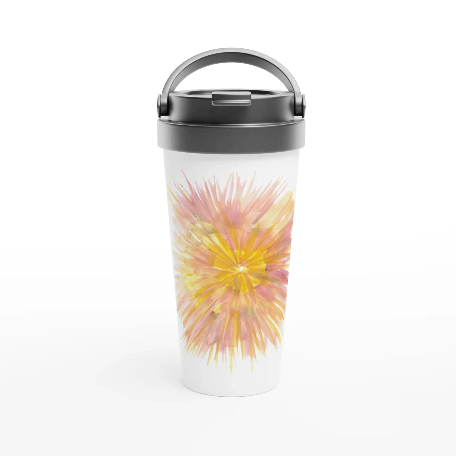 Mug de voyage blanc en acier inoxydable – 44 cl Solar Bloom Élégant, pratique et isotherme - Laure Leprince - Artiste Peintre