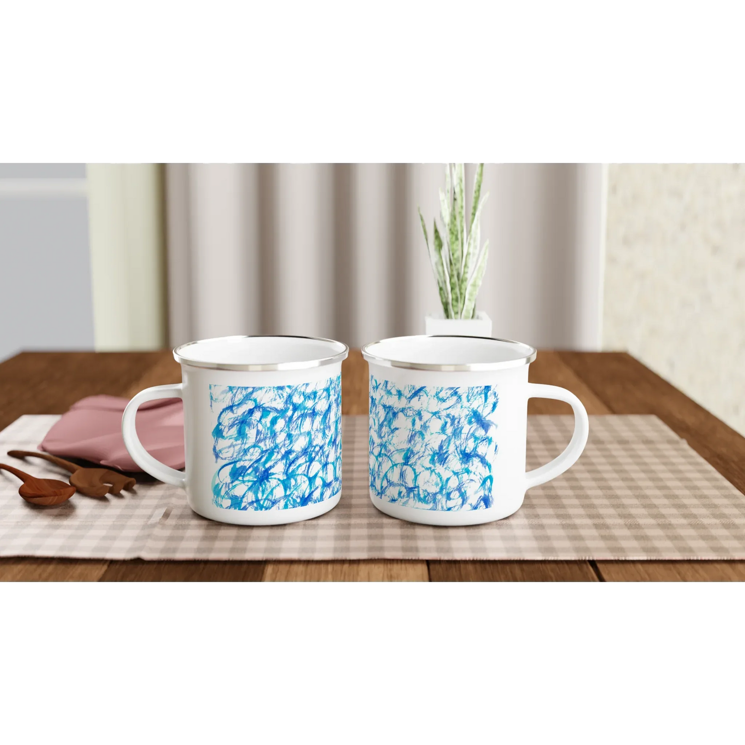 Mug en émail blanc 35 cl Blue Waves – Léger, vintage et résistant - Laure Leprince - Artiste Peintre