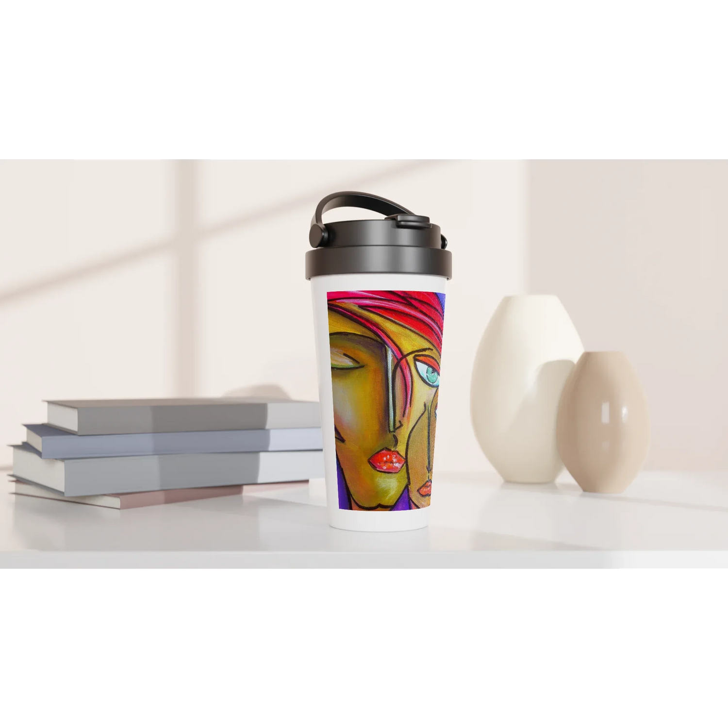 Mug de voyage blanc en acier inoxydable – 44 cl | Élégant, pratique et isotherme - Laure Leprince - Artiste Peintre