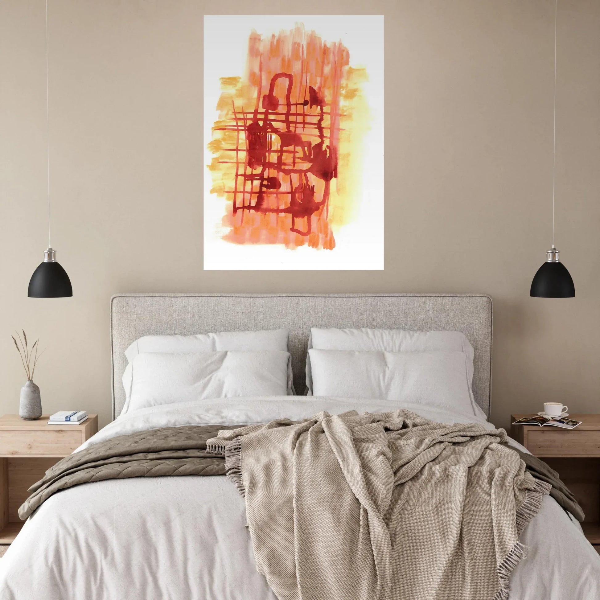 Abstract Warmth: Orange & Red Grid Watercolor Art Print – Premium Matte Paper Poster - Laure Leprince - Artiste Peintre