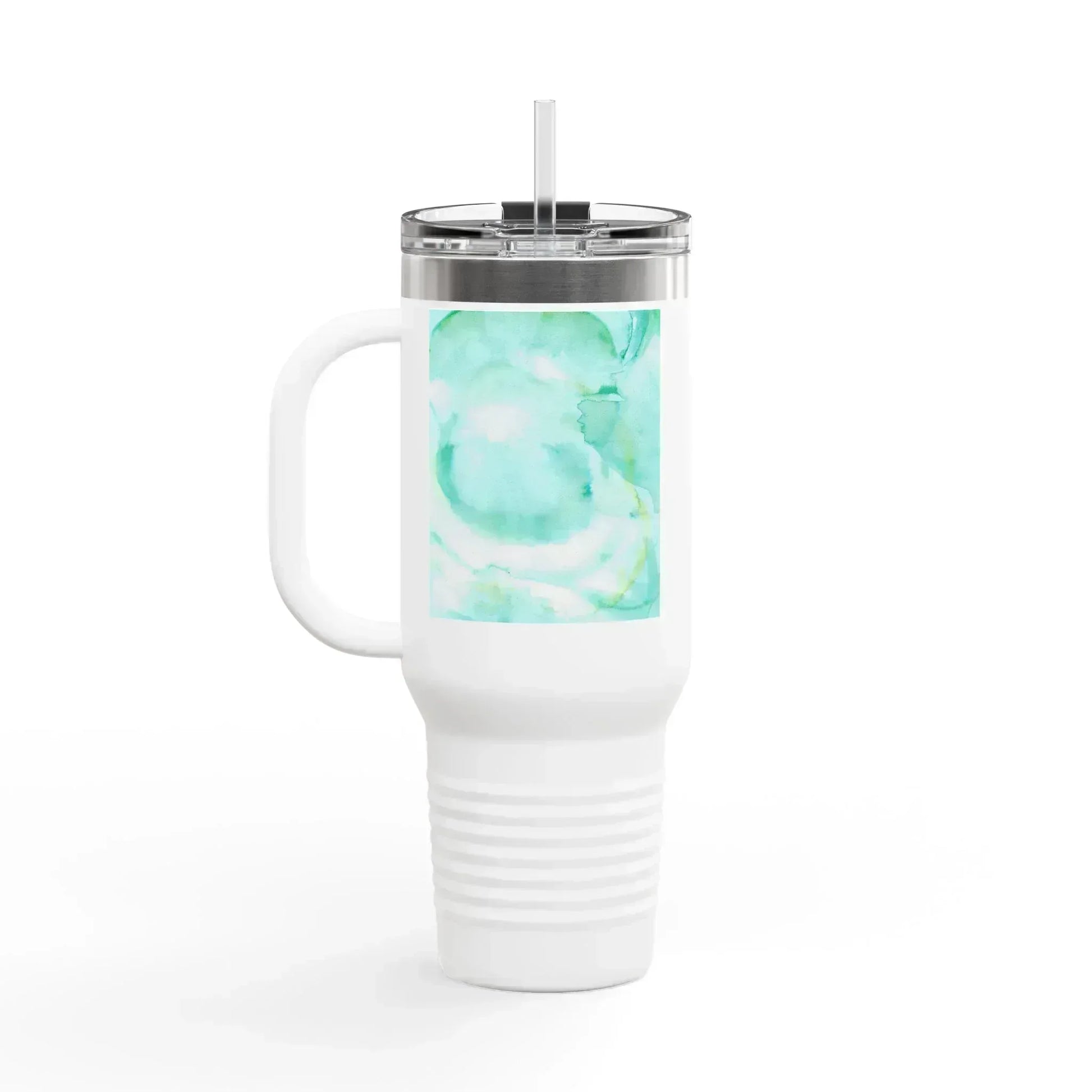 40oz Insulated Travel Mug – Aqua Bloom Watercolor Design - Laure Leprince - Artiste Peintre