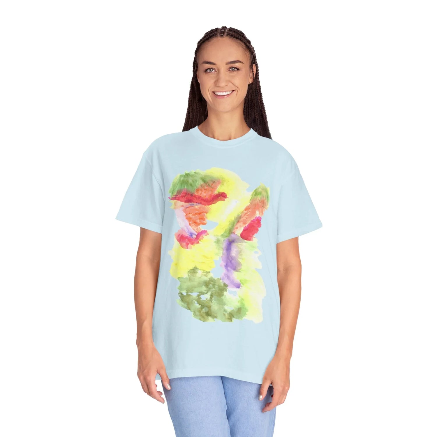 Abstract Eclosion Chromatique T-Shirt — Bright Watercolor Square Art Tee - Laure Leprince - Artiste Peintre