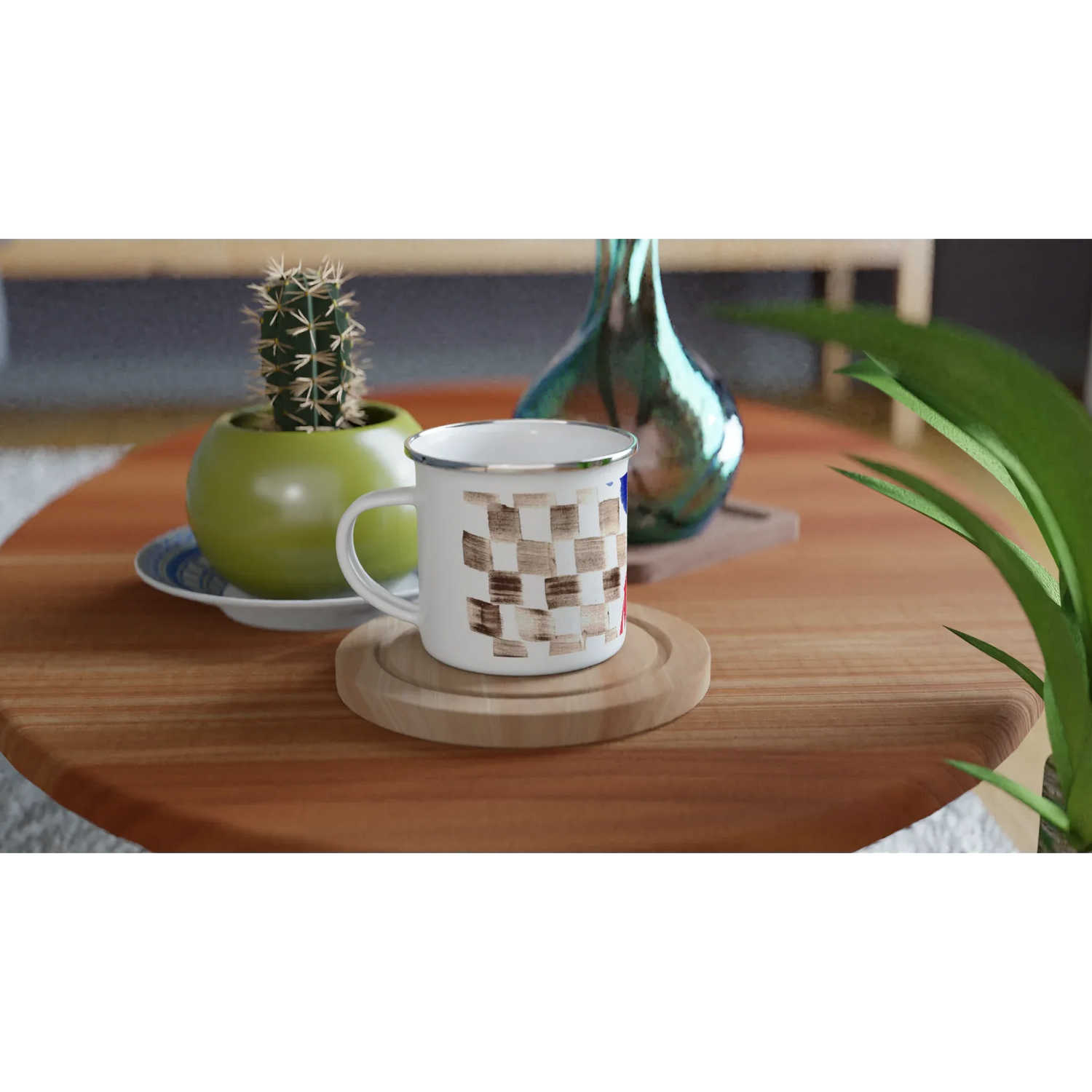 Mug en émail blanc 35 cl damier– Léger, vintage et résistant - Laure Leprince - Artiste Peintre