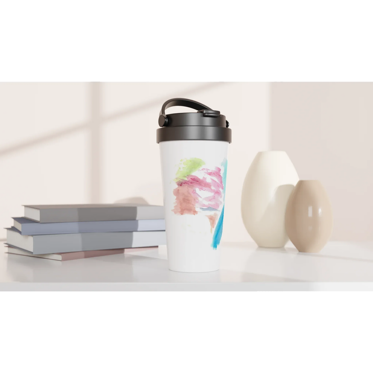 Mug de voyage blanc en acier inoxydable – 44 cl Aurore Pastel Élégant, pratique et isotherme - Laure Leprince - Artiste Peintre