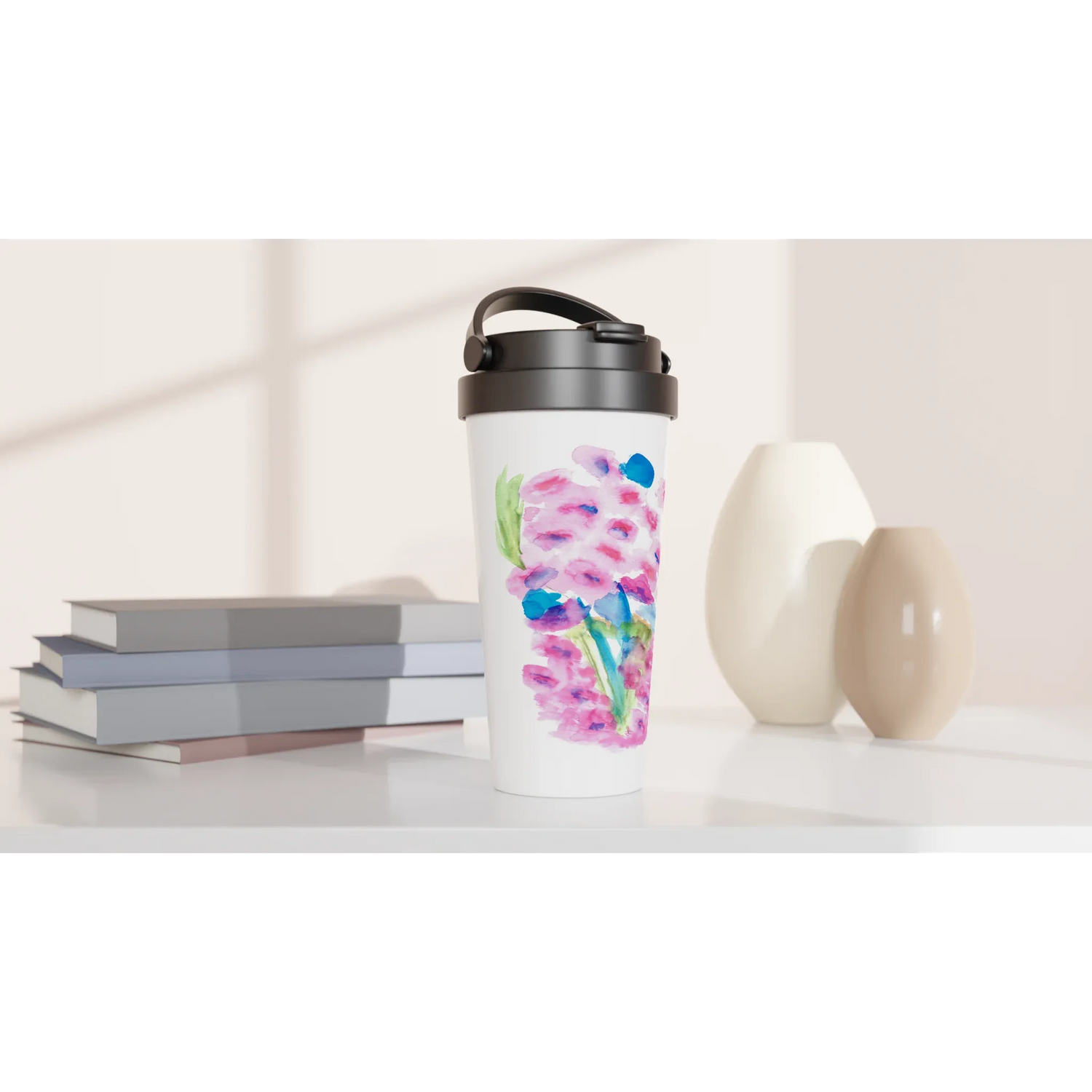 Mug de voyage blanc en acier inoxydable – 44 cl Bouquets Rosé | Élégant, pratique et isotherme - Laure Leprince - Artiste Peintre