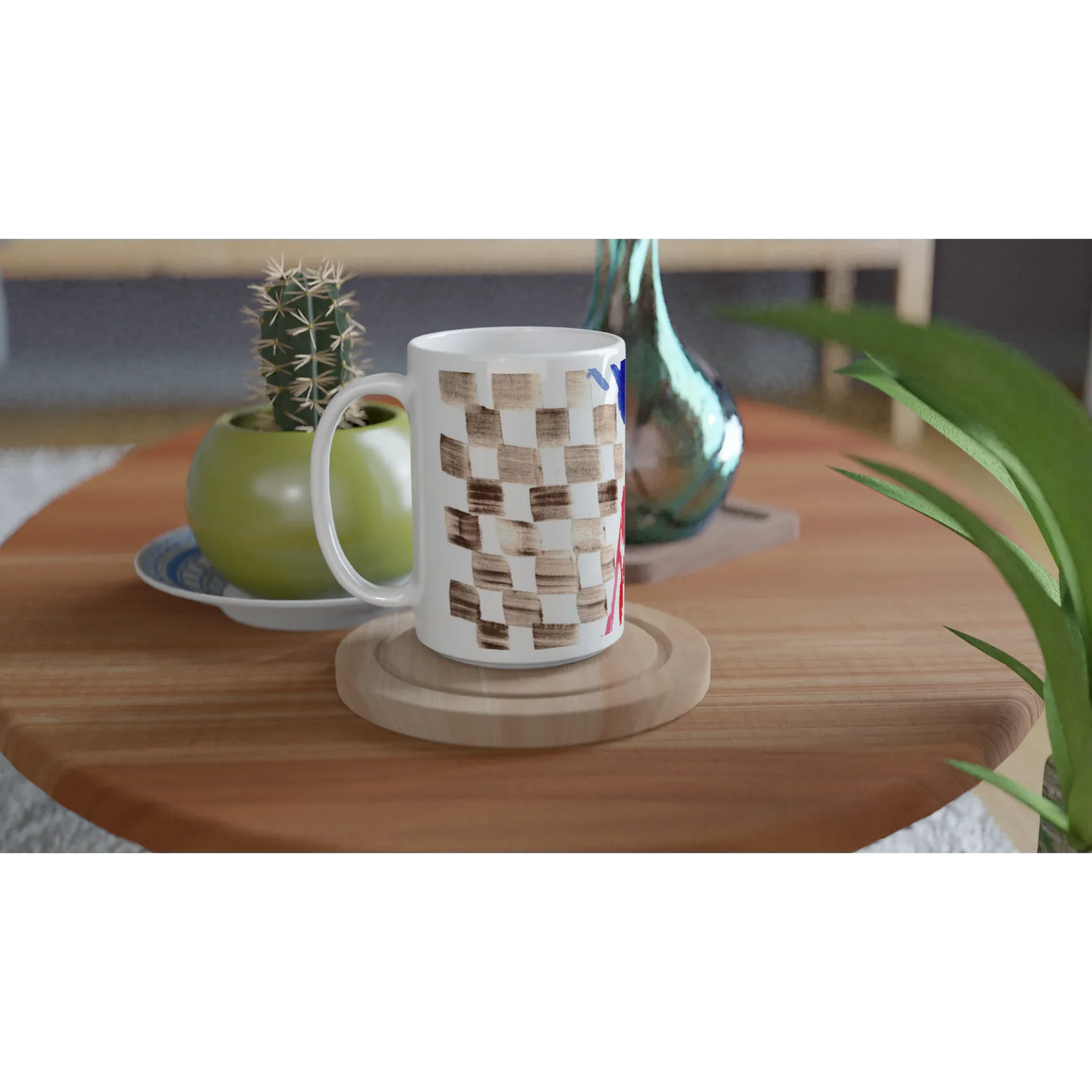 Mug en céramique blanche 44 cl damier – Grand format, design et qualité durable - Laure Leprince - Artiste Peintre